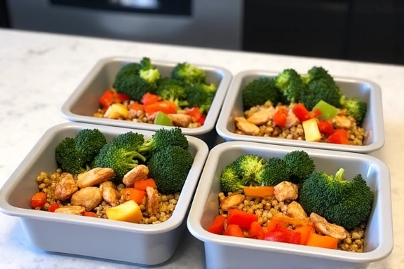 Organized meal prep containers with colorful food