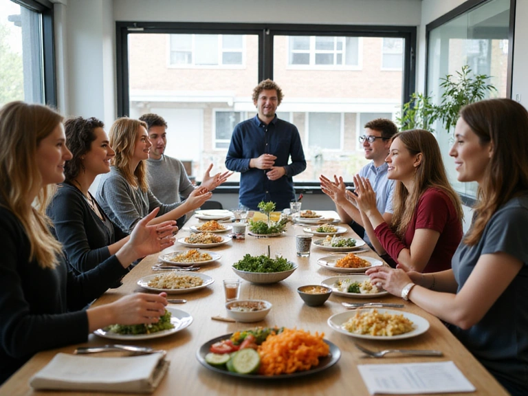 A group of people enthusiastically learning about nutrition in a bright, modern classroom or workshop setting, with a presenter at the front and healthy food examples on display.