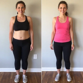 Before and after image of a woman showing positive body transformation, looking confident and healthy