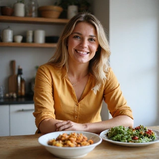 Image of a woman enjoying a healthy, colorful meal, looking content and satisfied